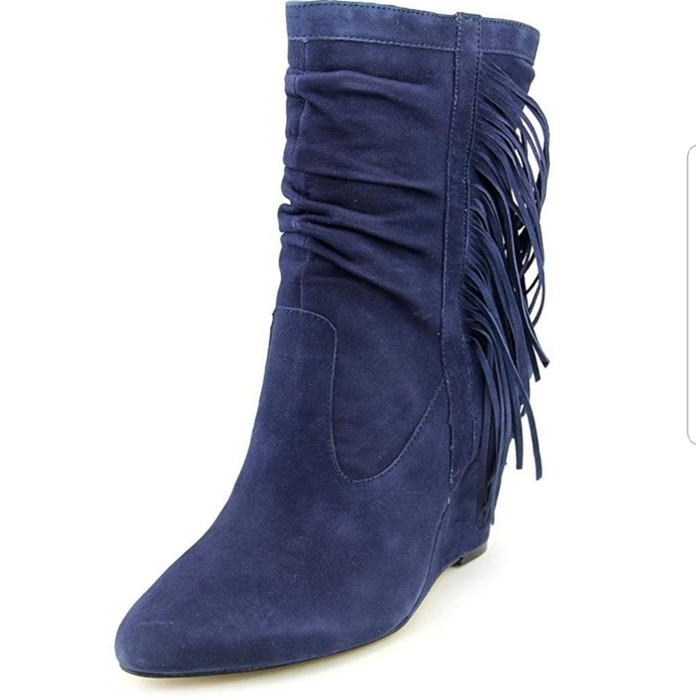 Inc navy blue fringe wedge boot